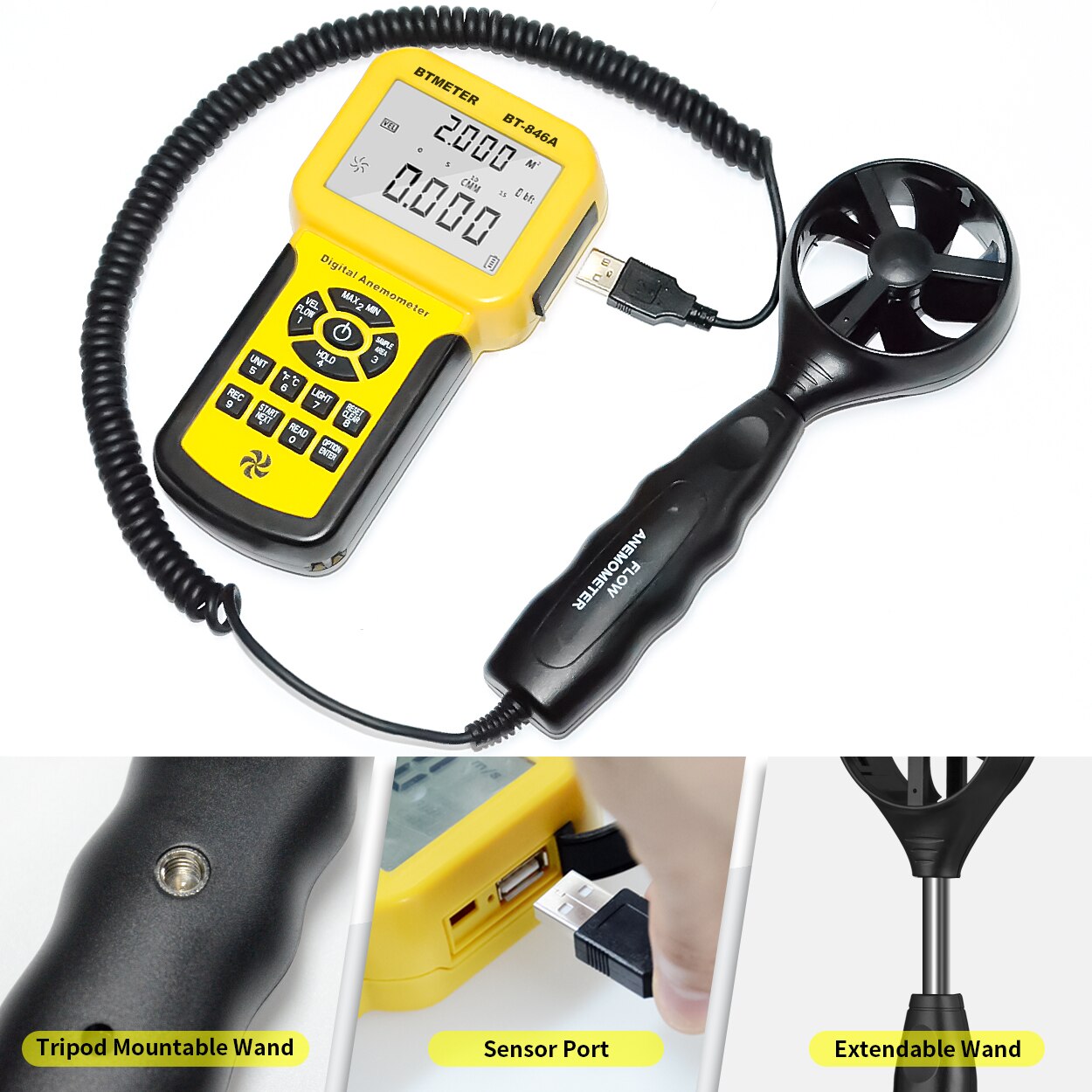 BTMETER-anemómetro BT-846A Pro HVAC medidor de velocidad del viento, viento, flujo de aire CFM, máximo AVG