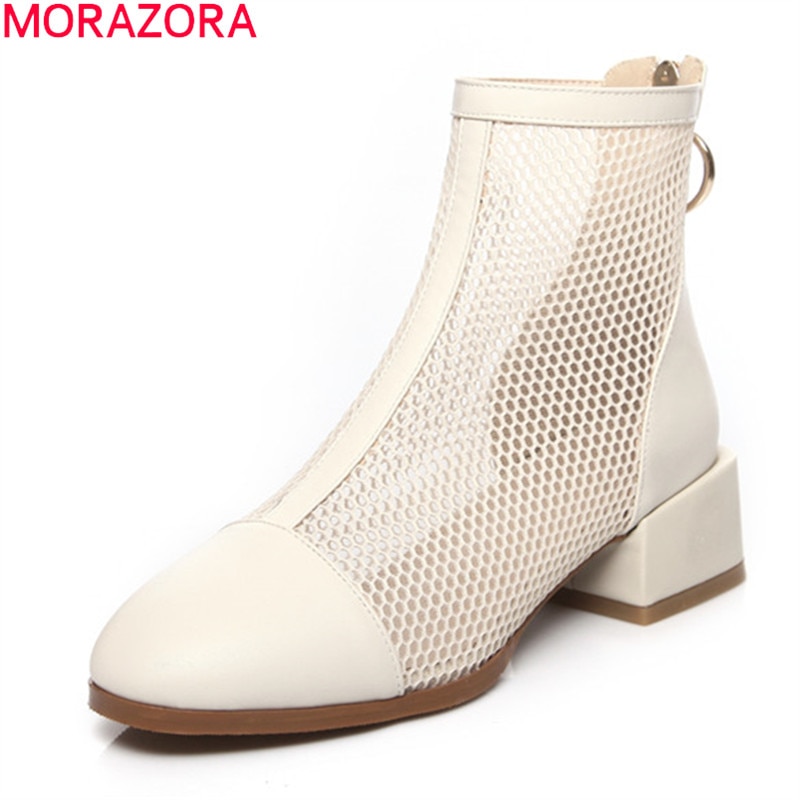 Morazora merk enkellaarsjes met hak, vierkante neus, zomerlaarzen, effen kleur, ademende damesschoenen, zwart