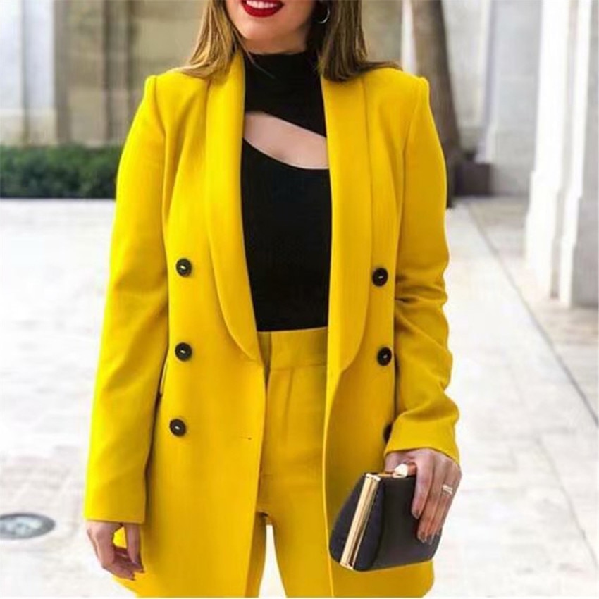 Blouson jaune jaune pour femmes, , col échancré, poches à Double boutonnage, vêtement de bureau, pour le travail, hauts