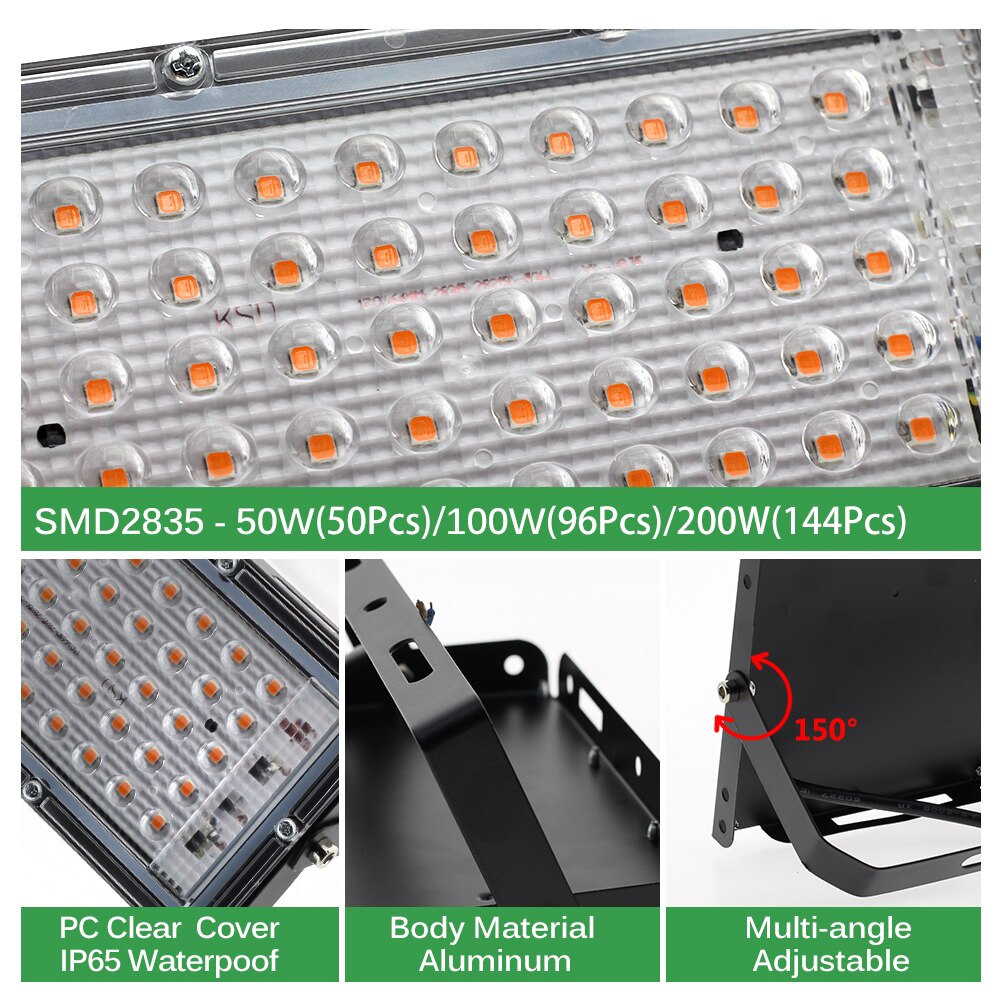 LED Grow Lights for Indoor Plants AC 220V Phyto Lamp with Stand 50W 100W 200W Full Spectrum Plant Flood Light for Veg Greenhouse