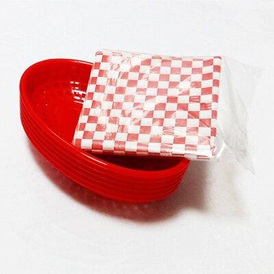 6pcs Plastic Fast Food Basket Red Checked 24pcs Wax Paper Baking Liner Hamburger Fries Baskets Kitchen Restaurant Tray: Red