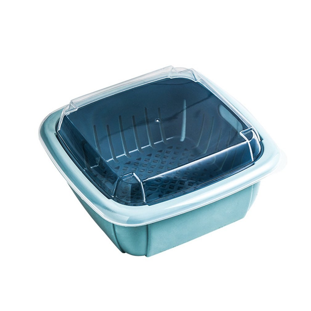 Multifunction Double-layer Drain Basket with Lid Kitchen Refrigerator Drain Storage Box Plastic Fruit Storage Basket: Blue
