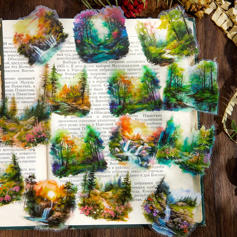 30 unids/bolsa pegatinas transparentes bolsa Crepúsculo bosque serie arte paisaje álbum de recortes diario basura Collages decorativos