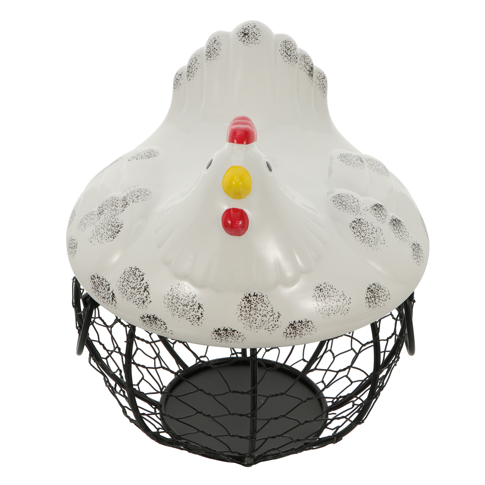 Chicken Shape Ceramic Chicken Shaped Lid with Round Wire Basket Base and Handles Egg Holder Home Storage Basket Holder