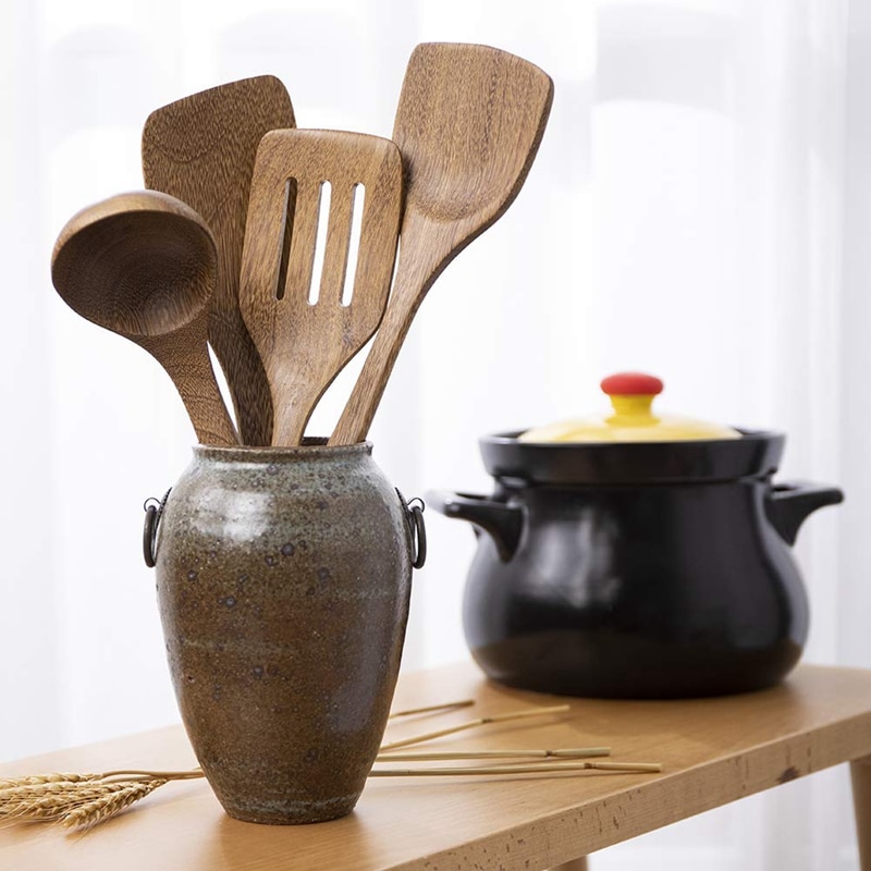 Træredskaber sæt til køkken træ kogeskeer værktøj til nonstick køkkengrej håndlavet af uden maling