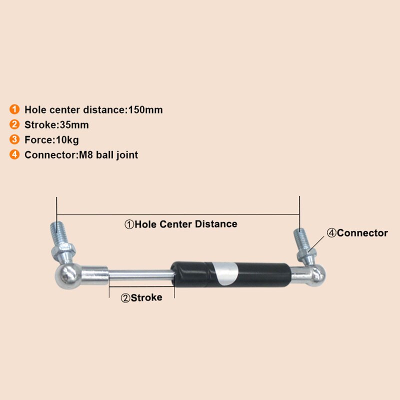 2Pcs 150Mm Hole Center Furniture Gas Spring 35Mm Stroke 10Kg Force Ball Gas Strut Shock Spring 35Mm X 150Mm Gas Damper