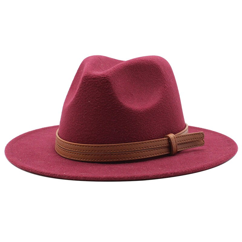 Chapeau fedora d'hiver en laine pour femme, casquette en feutre à large bord, chapeau trilby pour homme, panama, fête formelle, haut-de-forme, 19 couleurs: Vin rouge