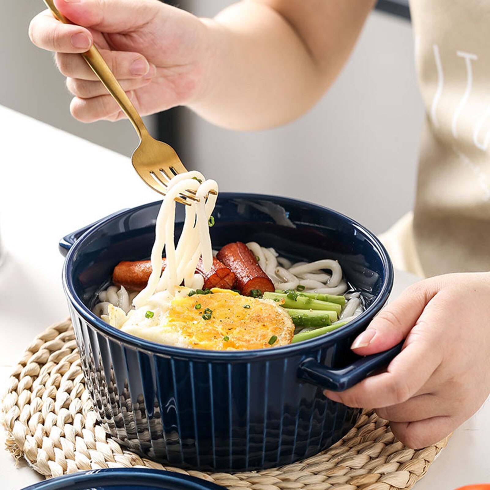 Eenvoudige Keramische Dubbele Oor Kom Huishouden Grote Met Deksel Anti-Brandwonden Instant Noodle Zeep Kom Gezond Veilig Keramische Kom