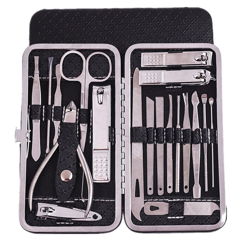 Ensemble de coupe-ongles en acier inoxydable, 19 pièces, pour manucure et pédicure, ciseaux à ongles, pince à crochet, soins des ongles, outils de beauté: Black