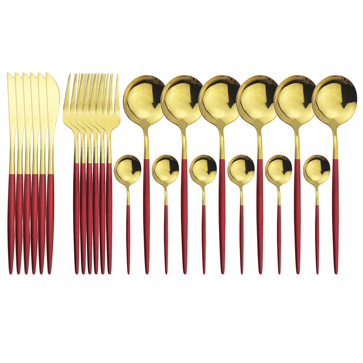 24Pcs Green Silver Cutlery Set Stainless Steel Dinnerware Set Knives Forks Spoon Dinner Tableware Set Kitchen Party Flatware Set: Red Gold