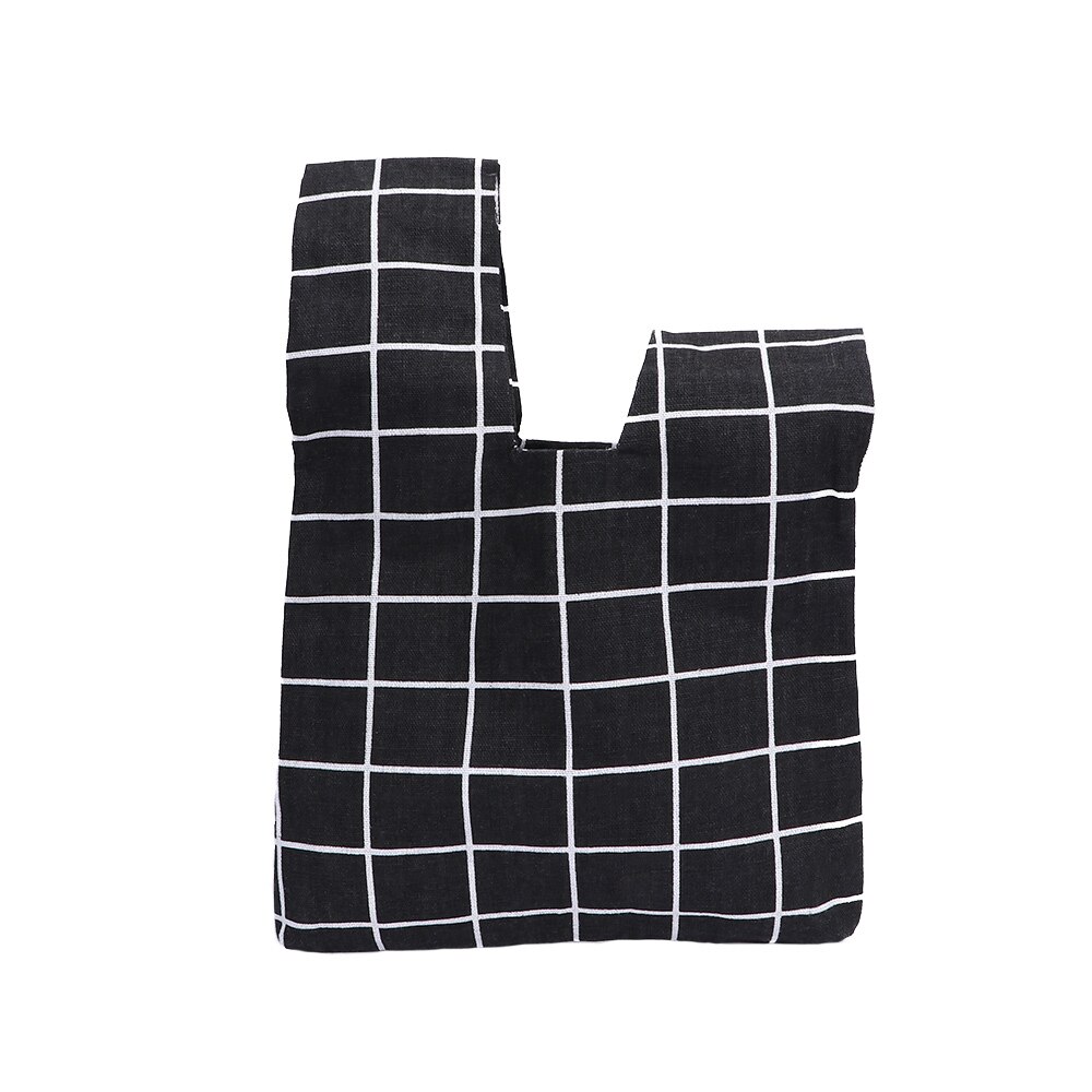 Sac à poignet Style japonais en toile de coton Simple avec nœud, sac à main à grille de fleurs, sac de marche avec clés de téléphone portable, déjeuner: black