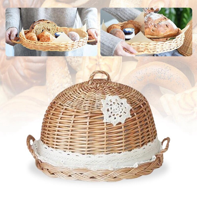 Bread Cover Hand-Woven Round Food Bread Cover Refreshment Pizza Tray Fruit and Vegetable Shopping Storage Basket