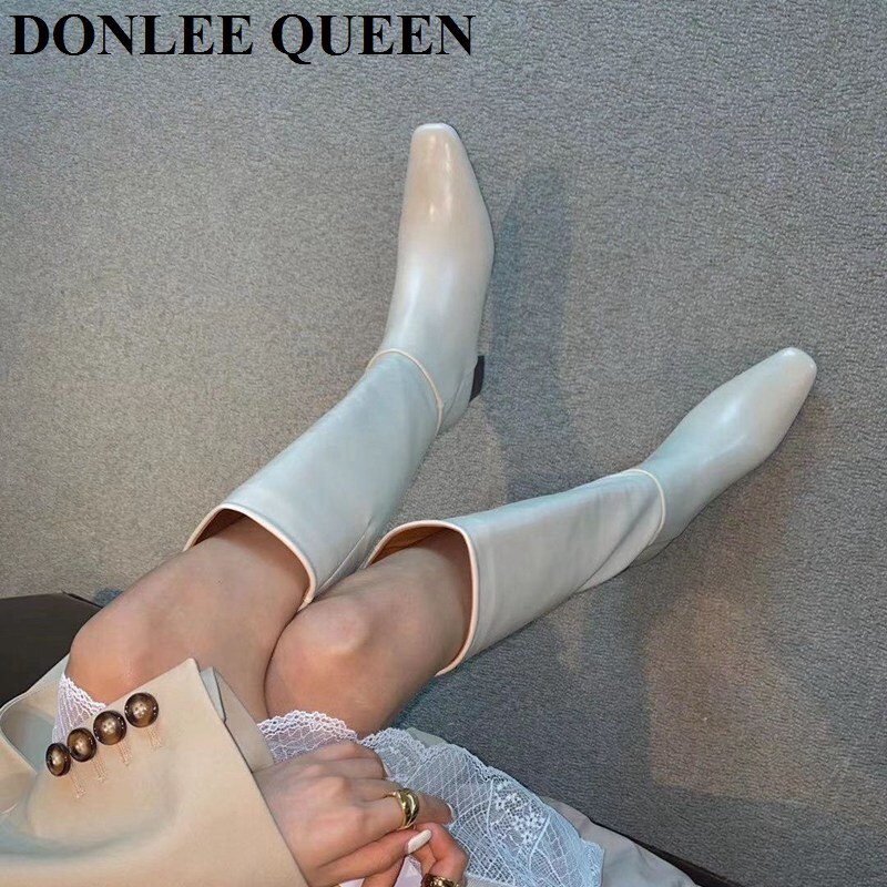 Vinter knehøye støvler kvinner med hæl lange støvler glidelås firkantet tå sko kvinner casual chelsea støvler for kvinner merke sko