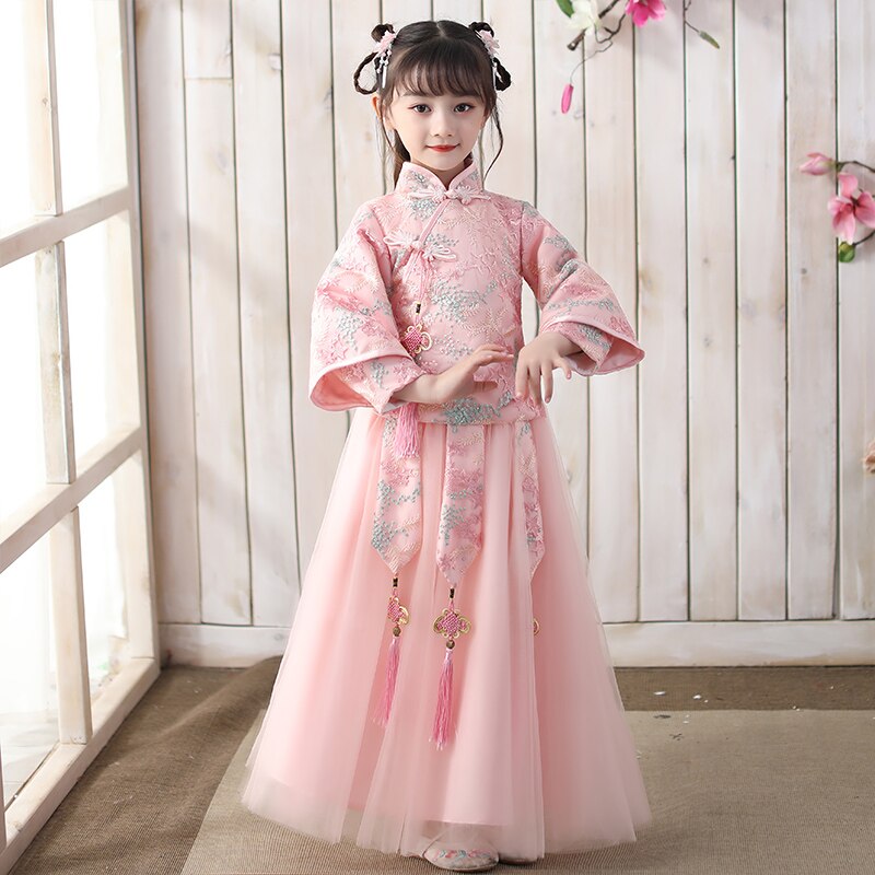 Pink Girl Lace Embroidery Birthday Party Dress Girls Dresses For Wedding Gown Formal Kids Dresses Girls Chinese Years Dress