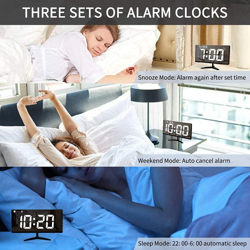 Digital Alarm Clock,7 Inch LED Mirror Electronic Display,Temperature,Snooze Model,Auto/Custom Brightness,for Office