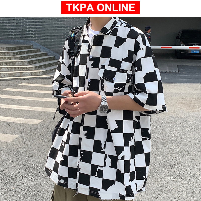 Los hombres coreano a cuadros camisas de manga corta de Verano de las mujeres Harujuku blusas ropa informal japonesa Hip Hop abotonada camisas