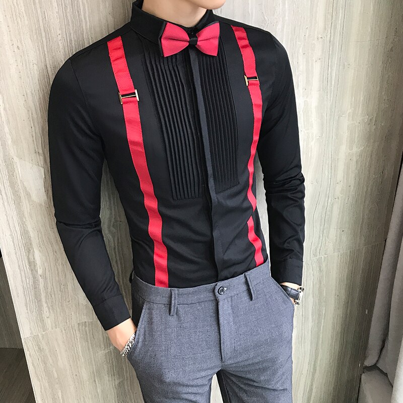 Camisa de esmoquin para hombre, camisa con lazo en el pecho plisado con correa, manga larga, vestido de ajustado, blusa negra