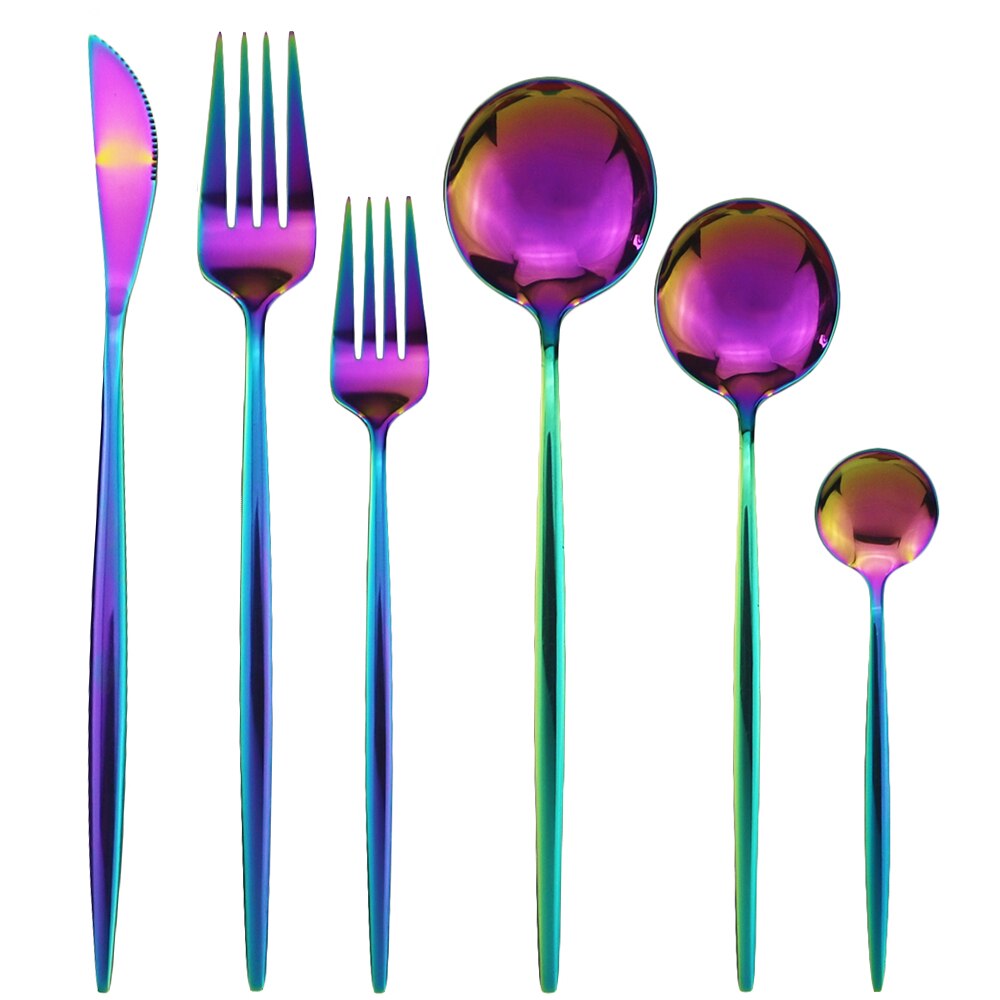 Guld bestick set köksbestick set 18/10 rostfritt stål servis set bestick servis set gaffel sked dessert set: 6 st regnbåge