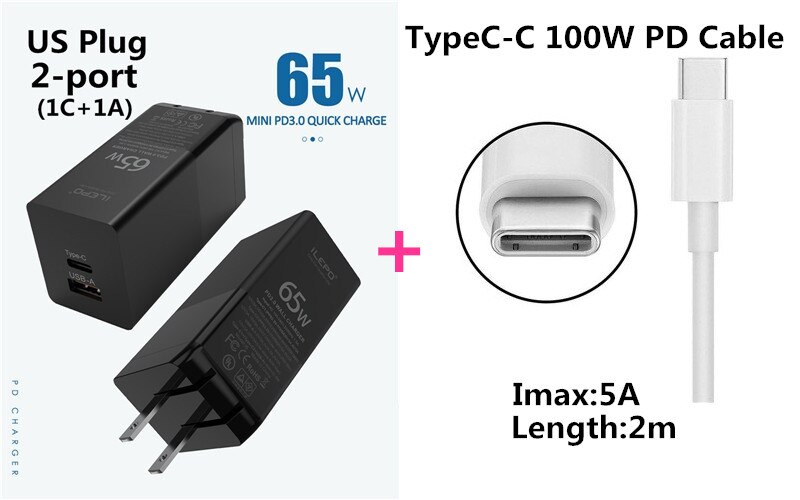 65W GaN USB C PD MagSaf* Power Adapter 2-Ports Fast Smart Mobile Phone Quick Charger For Laptop Macbook iphone Xiaomi Huawei: US With TypeC Cable