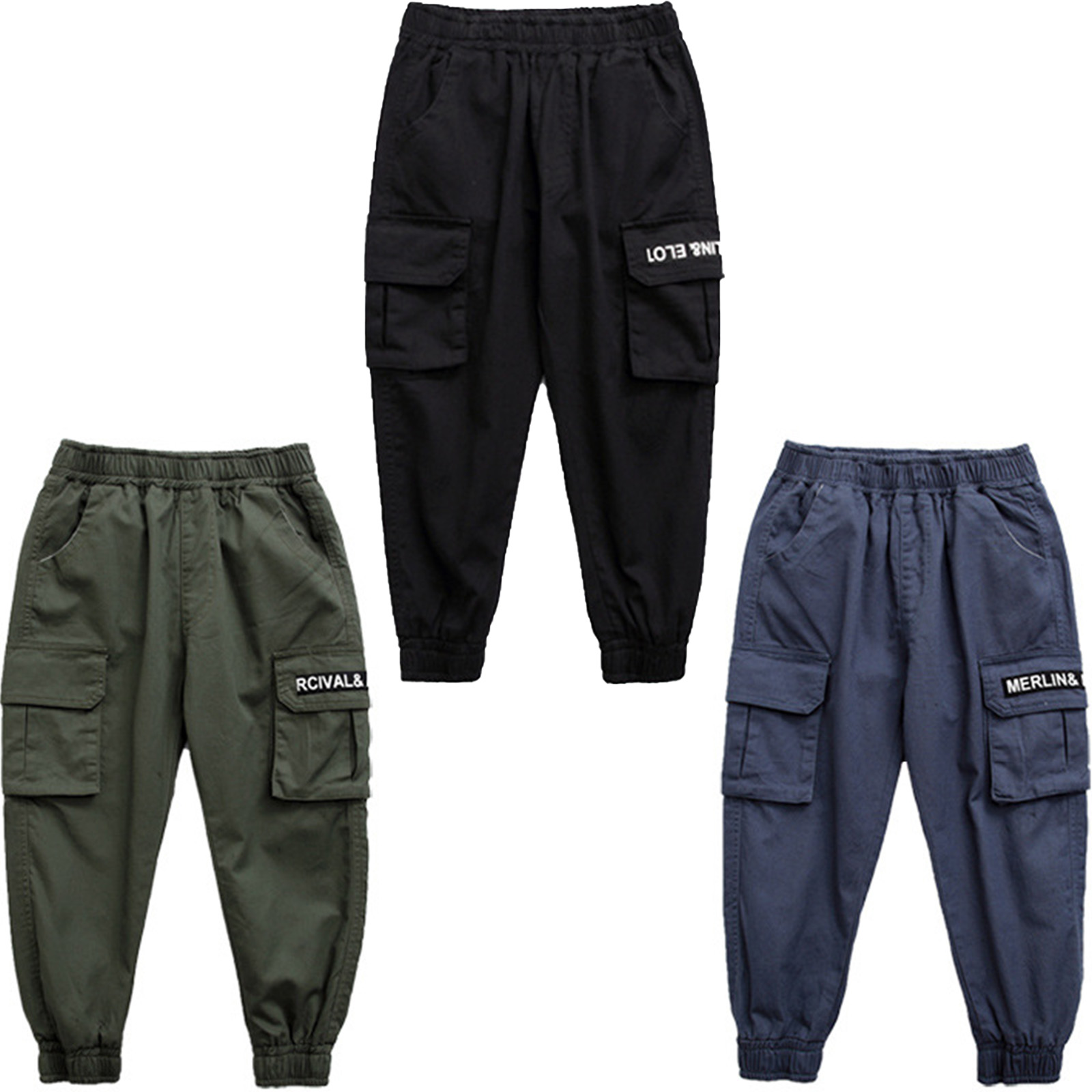 Kids Boys Cargo Pants Elastic Waistband Big Flap Pockets Trousers with Letter Print Loose Cargo Joggers for Daily Wear