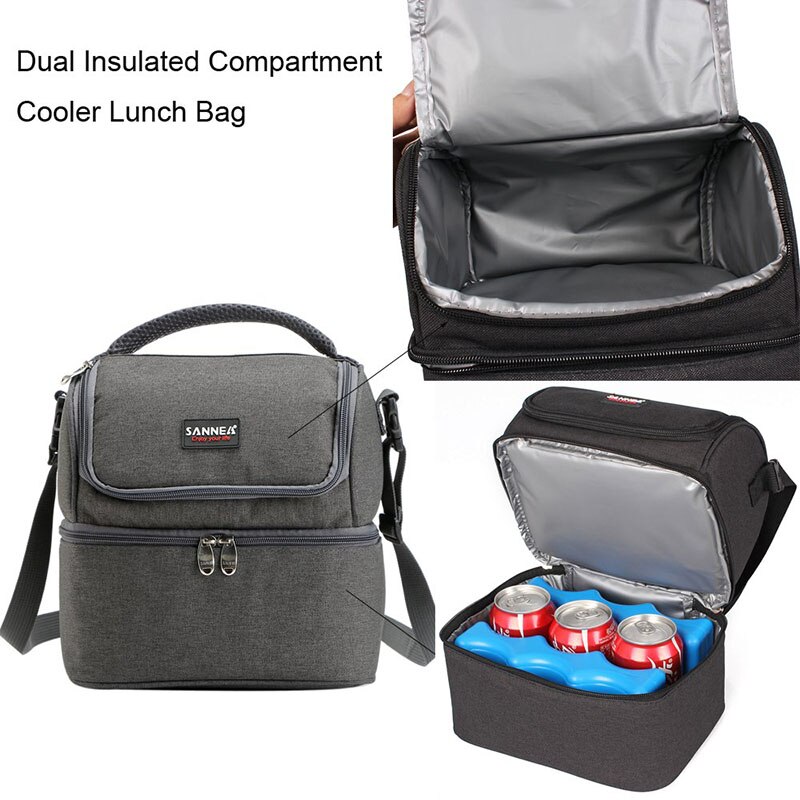 Double-Deck Insulated Lunch Bag Women Thermal Large Capacity Cooler Bag Portable Lunch Tote Food Bag