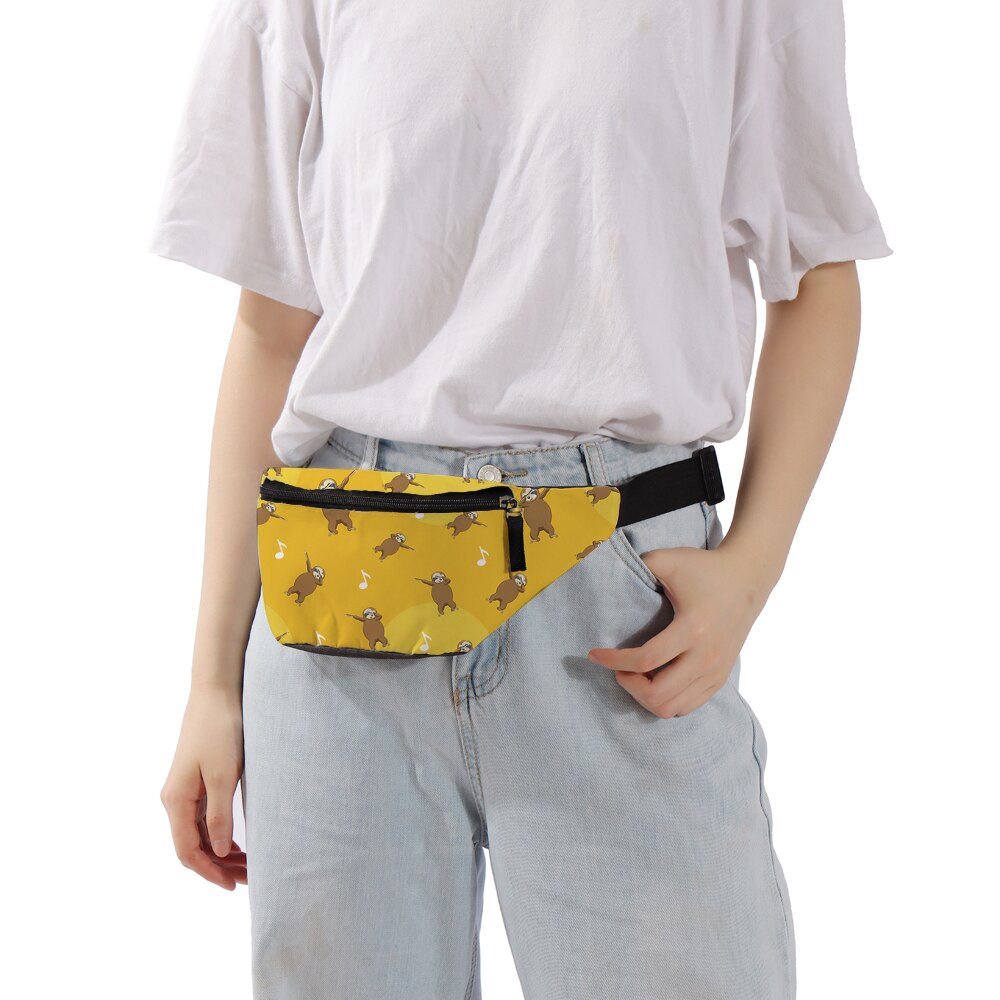 Deanfun 3d trykte midjevesker brun dovendyr fannypack med glidelås gul veske pose for kvinner  d18004