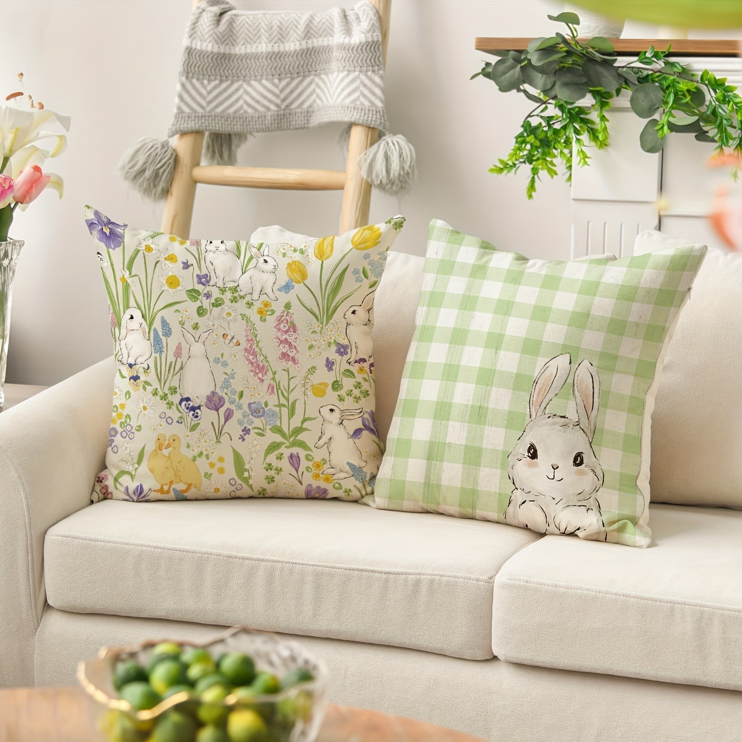 Funda de almohada decorativa de Pascua feliz, funda de cojín para sofá con de flores y entramado de conejo de primavera, decoración para la habitación del hogar