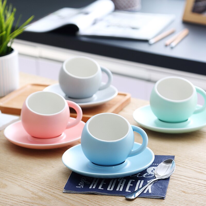 Taza de café esférica y platillos de cerámica para el hogar, tazas de té de porcelana de Color sólido mate hechas a mano, de para beber en el hogar