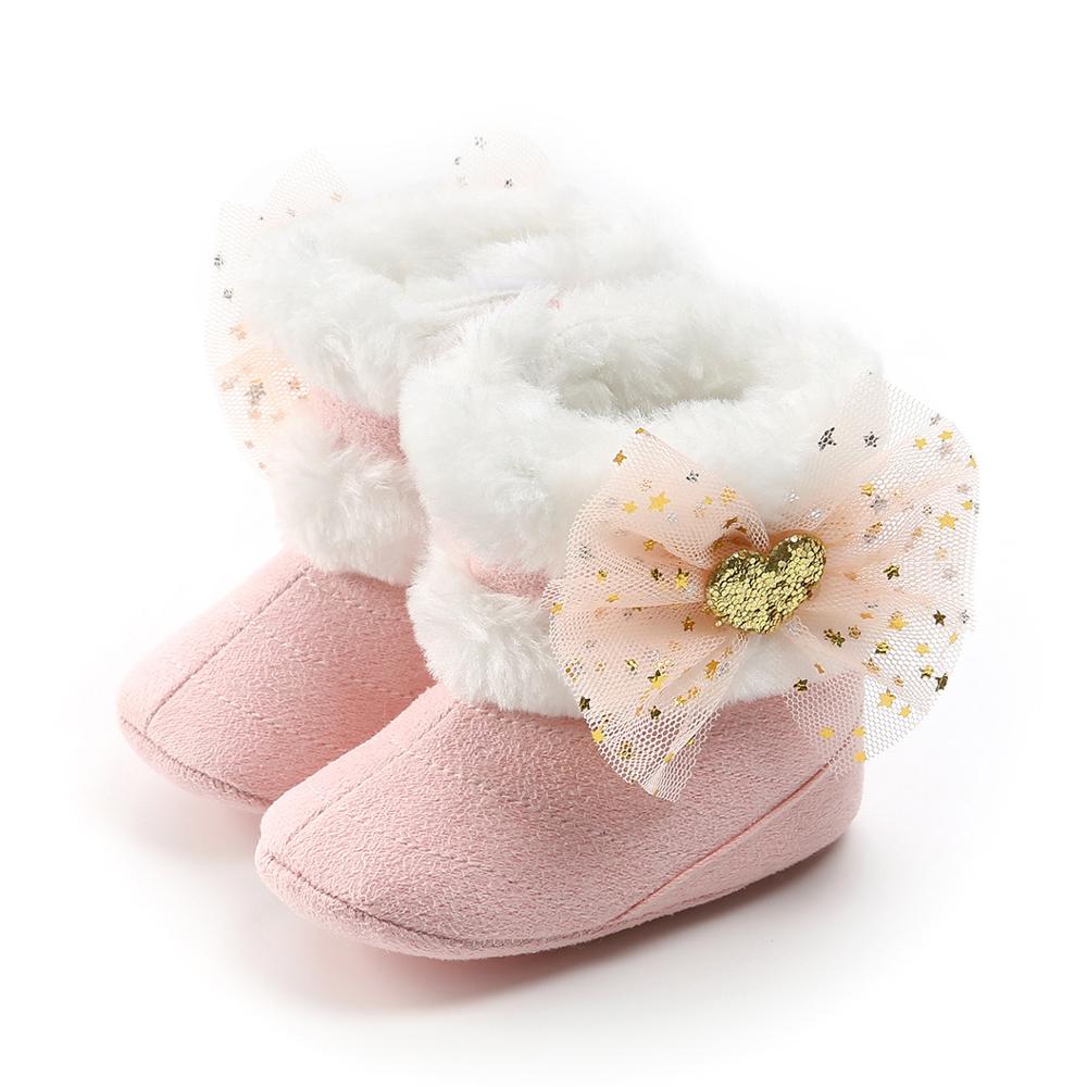 Botas gruesas y cálidas para niña, zapatos a la con lazo para recién nacidos, otoño e invierno, accesorios que combinan con todo,: pink / 6-9 months