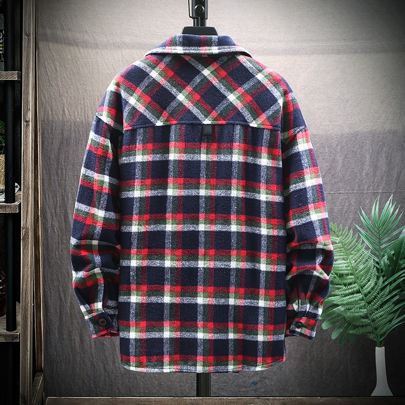 Efterår vinter flannel skjorter herre langærmet plaid streetwear ulden varm casual plus vintage lommeskjorte chemise homme