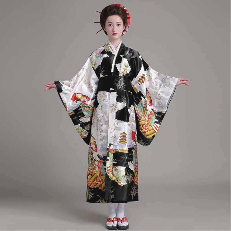 Rød vintage japanske damer kimono badekåpe kvinners faux silke yukata med obi ytelse dans kjole cosplay klær  h0029: Svart 2