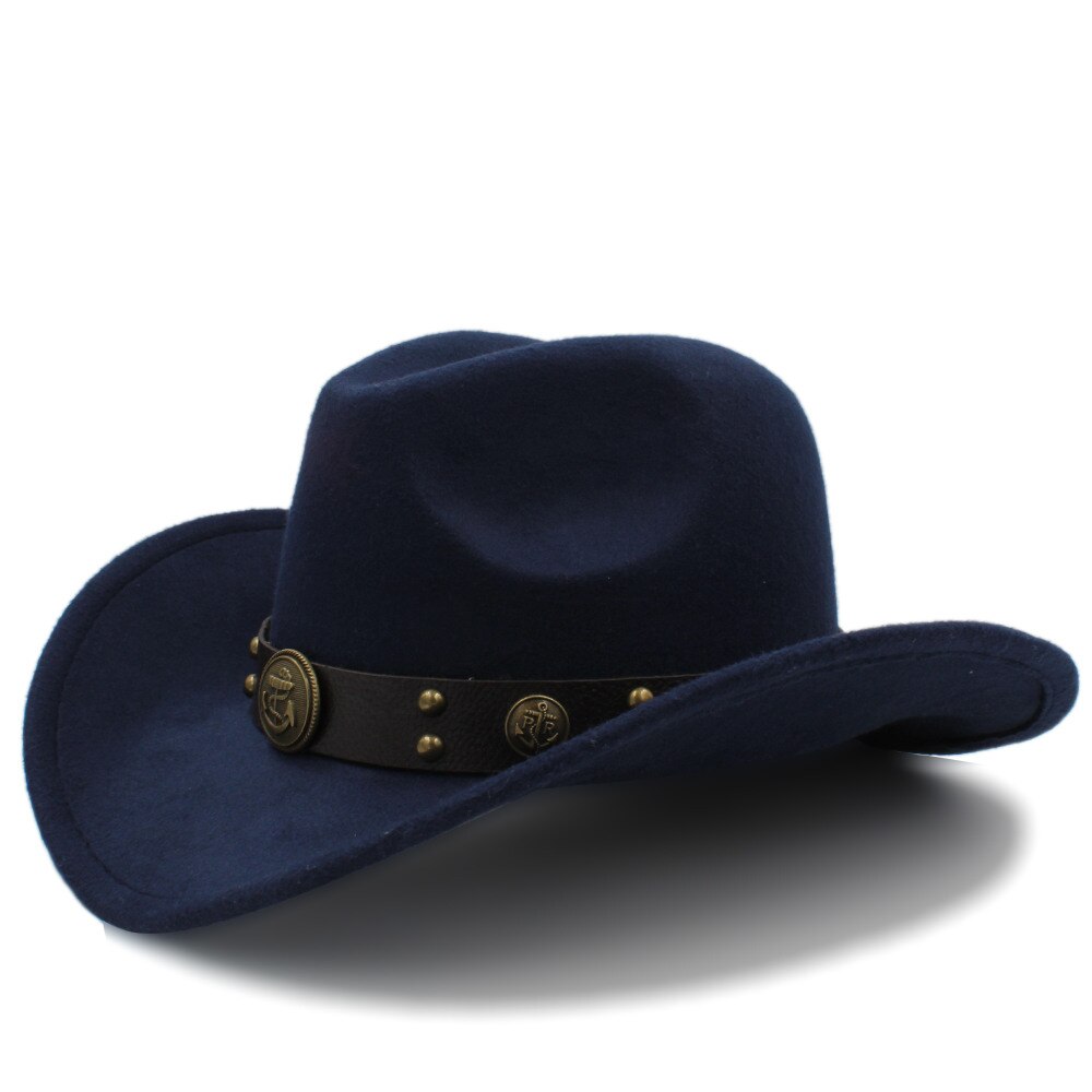 Sombrero de lana para Hombre, Sombrero de Cowboy del Oeste, ala enrollada, caballero, papá, Jazz, ecuestre, Sombrero, Fedora, talla 56-58CM: Dark Blue