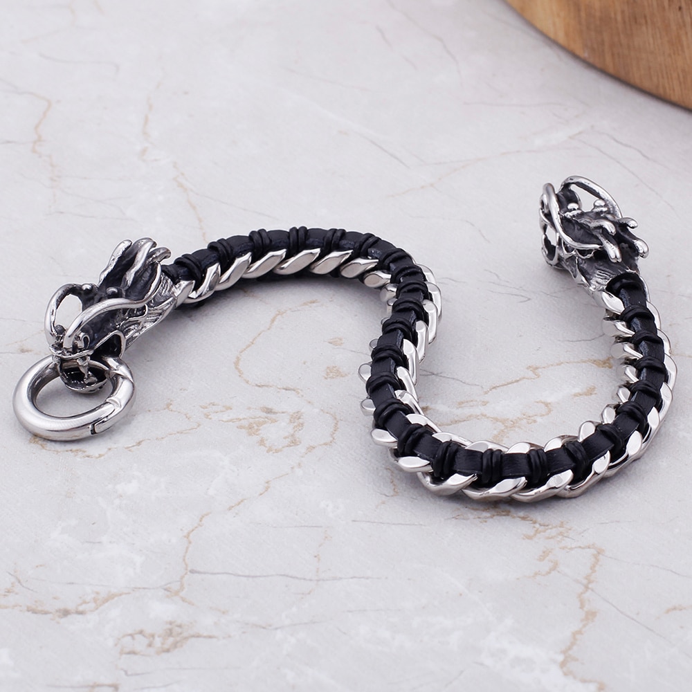 Hip Hop Bike Jewelry Double Dragon Head Charm Bracelet Men Weave Leather & Stainless Steel Mens Bracelets For Husband Man