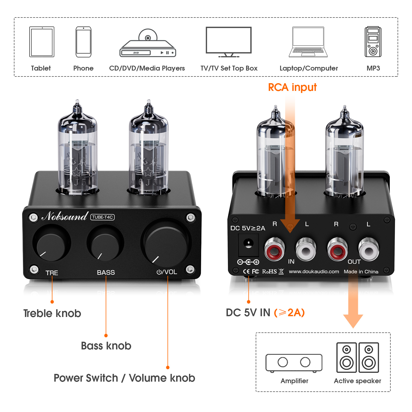Douk Audio TUBE-T4C HiFi Lampowy Przedwzmacniacz Stereo z Kontrolą Tonów Wysokich i Niskich