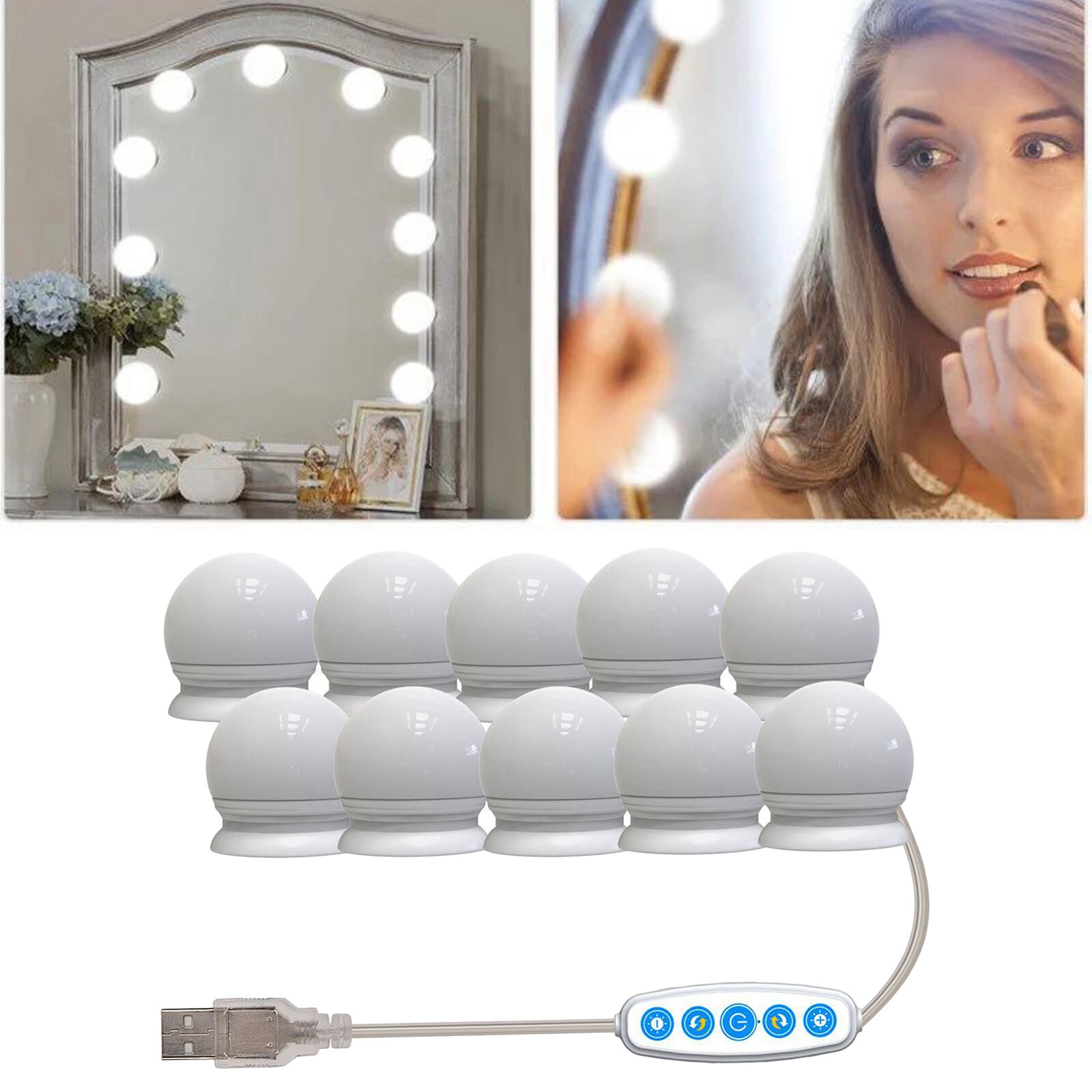 Juego de luces de LED para espejo de tocador Hollywood, 10 bombillas regulables para maquillaje