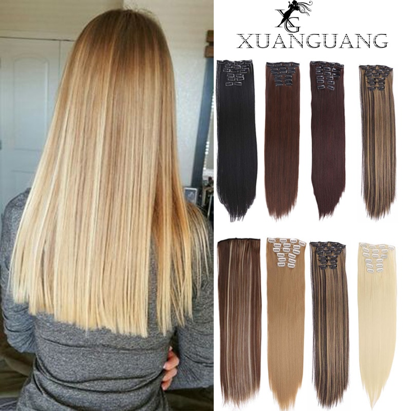Xuanguang 6 stk/sæt 16 clips 22 tommer fuld hoved clip in hair extension langt glat hår syntetisk hårstykke til kvinder