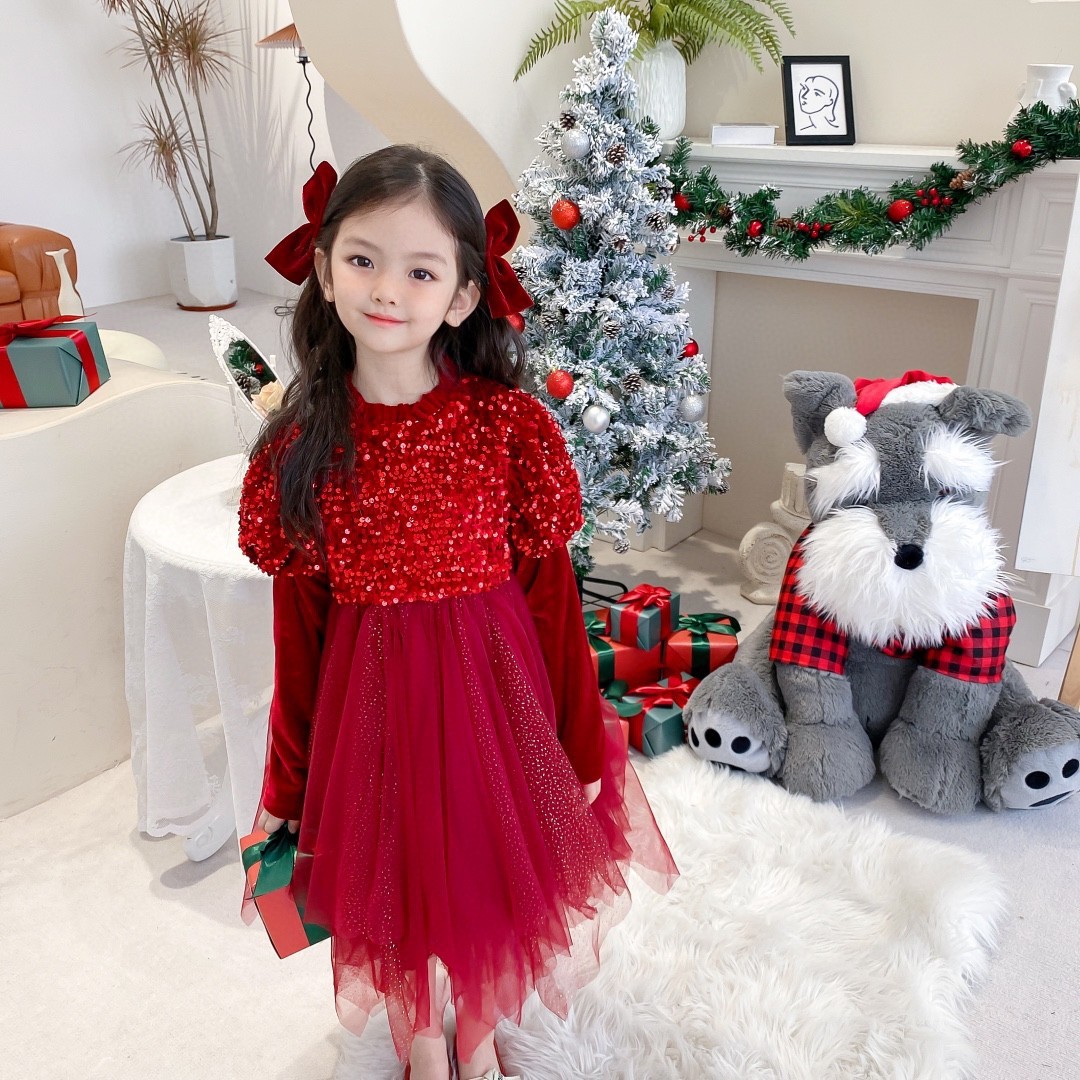 Tongbao-vestido de terciopelo y zorro plateado para niña, vestido de princesa de terciopelo con lentejuelas, para otoño e invierno, Año , Navidad y Año ,