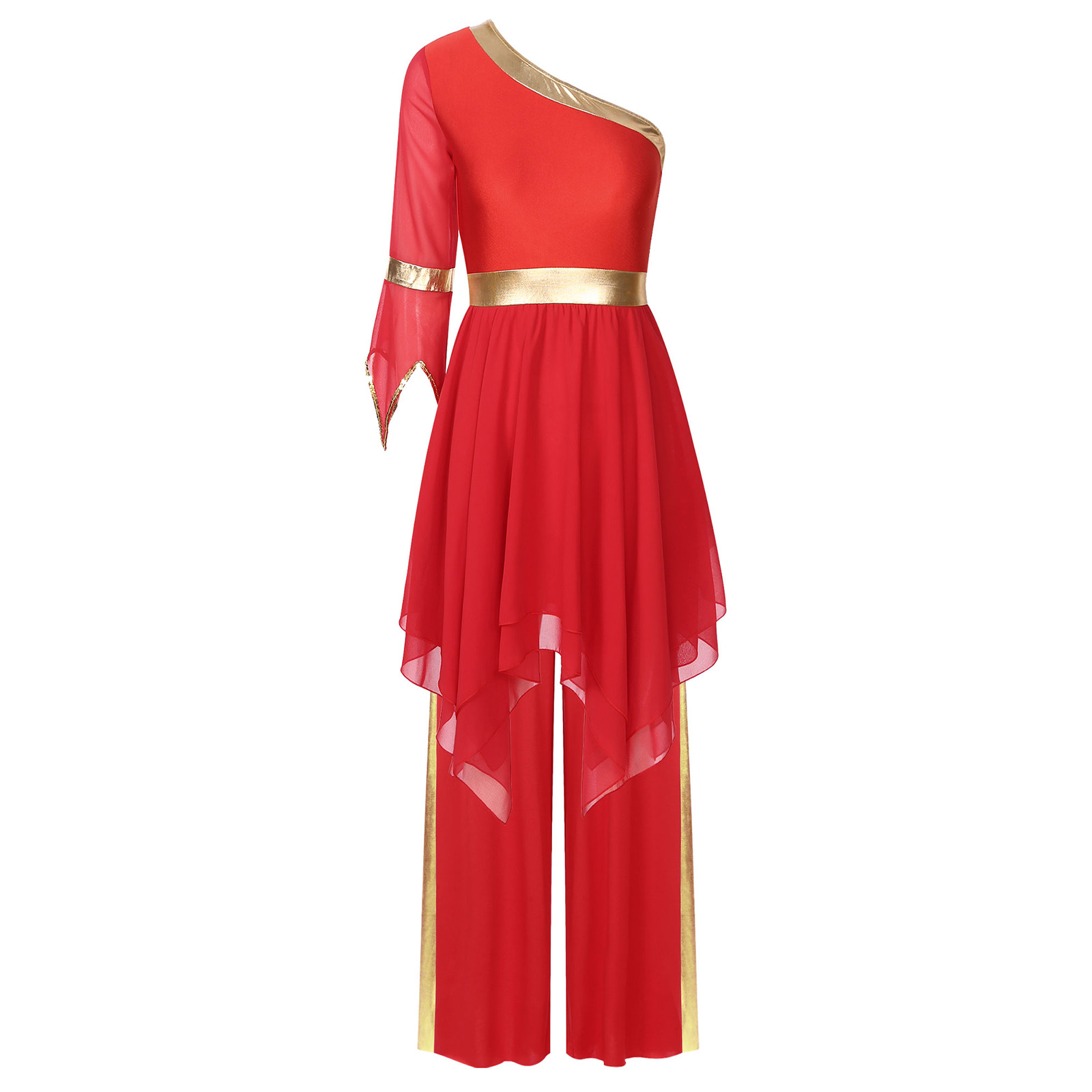 Tenue de culte de chorale d'église liturgique pour femmes, Costume de danse lyrique, asymétrique épaule dénudée, manches évasées, robe avec pantalon à jambes larges