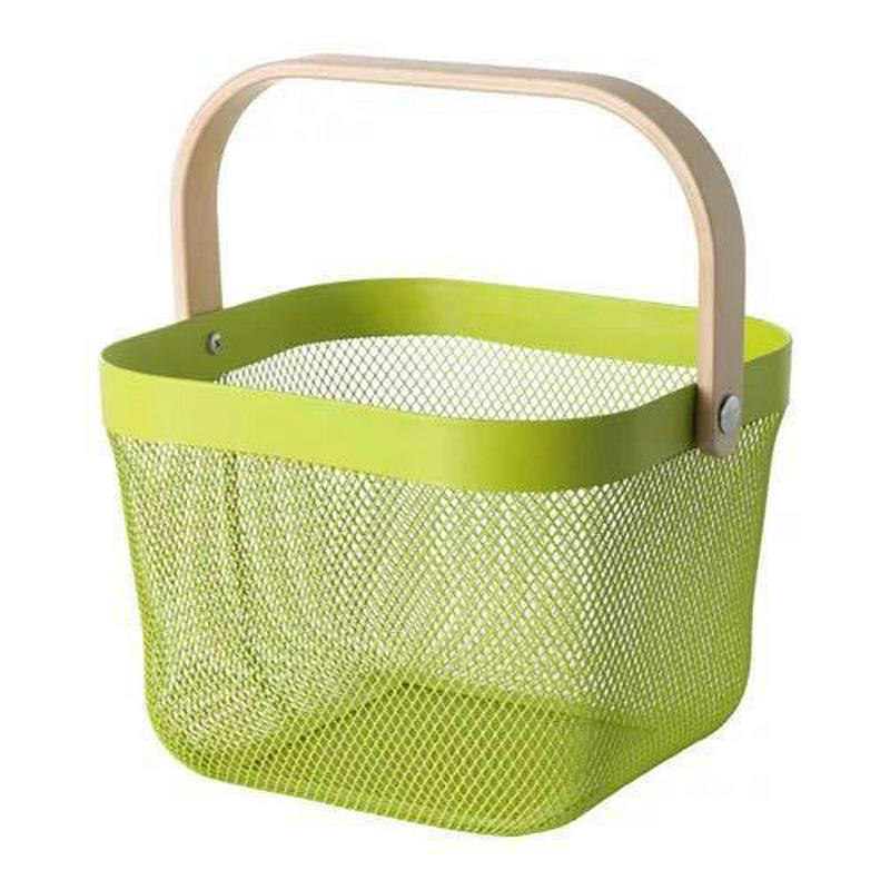 Cesta de almacenamiento de rejilla metálica con mango de madera para almacenar ropa y cosméticos de frutas, organizador de cesta de cocina conciso para baño y casa: Verde