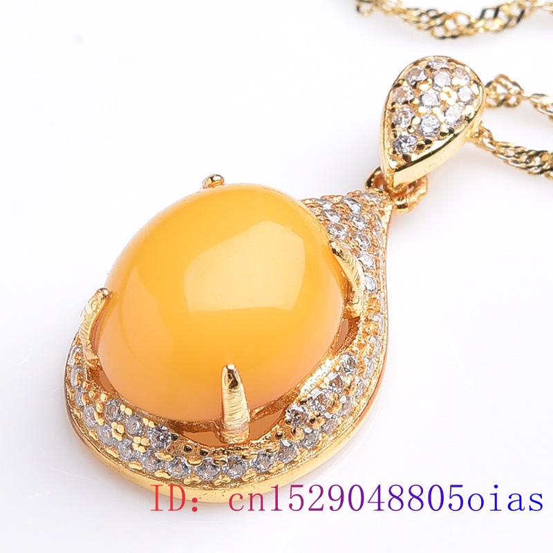 Yellow Amber Pendant Charm Crystal 925 Silver Beeswax Amulet Zircon Necklace Chinese Jewelry Gemstone Natural