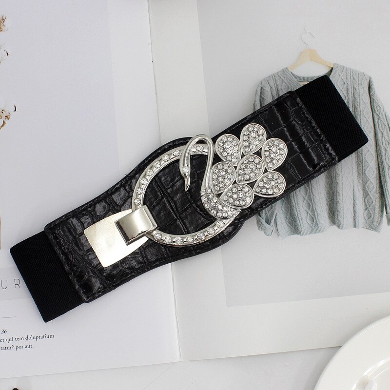 Ceintures pour femmes noires, taille élastique Simple pour dames, boucle de ceinture en métal avec décoration en diamant, pull robe à la ,: C