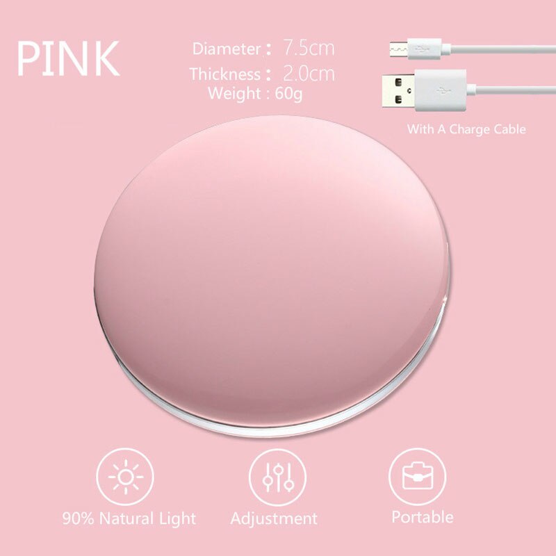 Mini espejo LED portátil luminoso espejo de maquillaje de carga USB con lámpara de maquillaje chica llevar espejo pequeño redondo para mujeres S1: pink