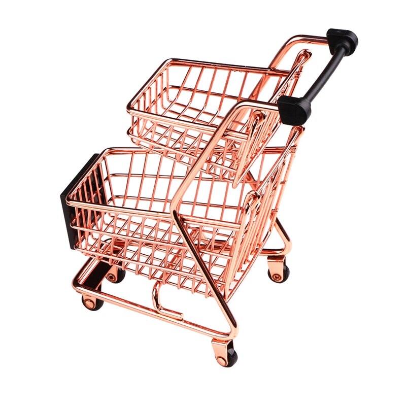 Mini Dubbele Lagen Winkelwagen Model Smeedijzeren Supermarkt Trolley Metalen Rose Goud Opslag Mand Rose Goud