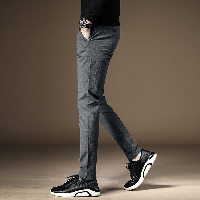 men's casual pants fitness cotton blends long trousers plus size winter elastic dark grey young leisure slacks