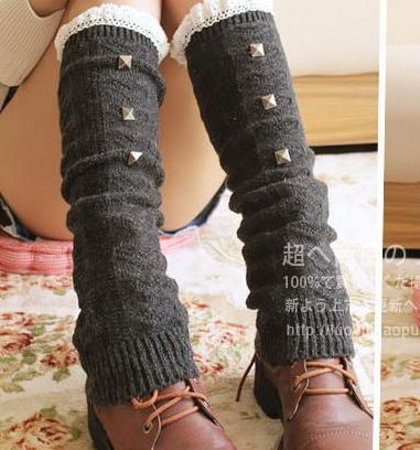 Cotton Leg Warmers Lace Closure White Sweet Lolita Girls Boots Socks Rivet Elements: darkgray