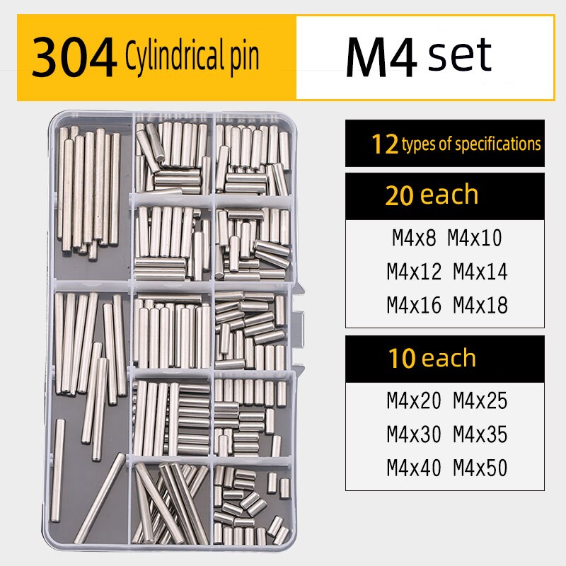 Pin key set DIY boxed 304 stainless steel cylindrical pin elastic pin split pin multi-specification combination set: Cylindrical(pinM4set