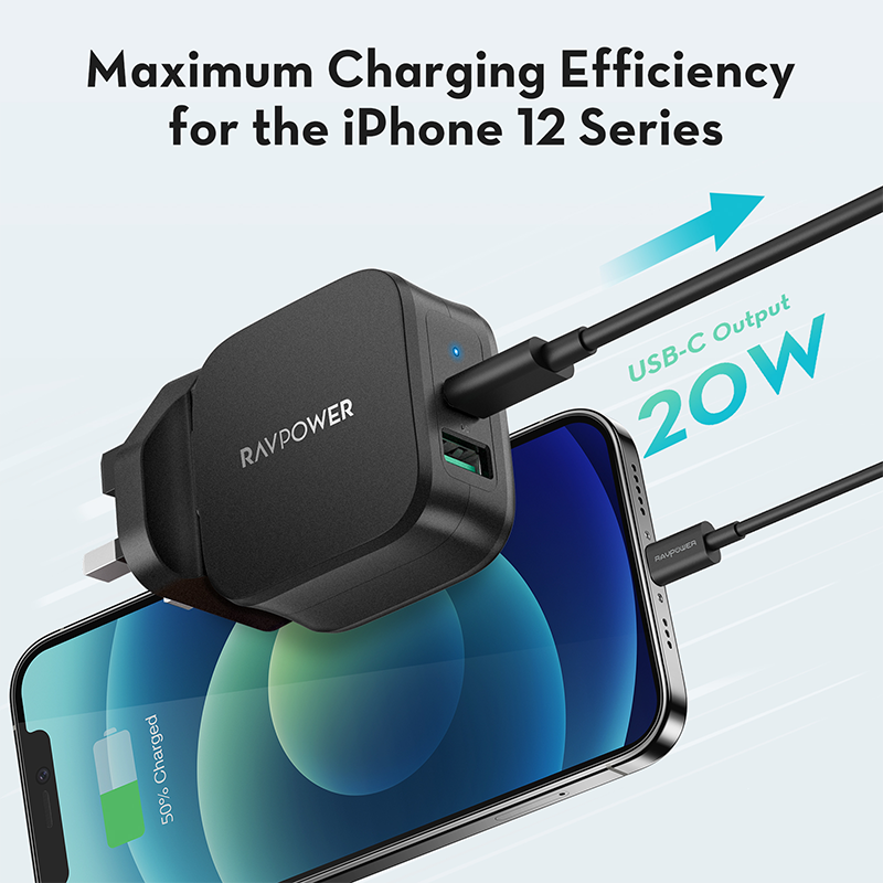 RAVPower-cargador rápido RP-PC148 de 25W, adaptador de carga rápida USB C, enchufe británico, PD, para iPhone 12 Pro Max MacBook Tablet