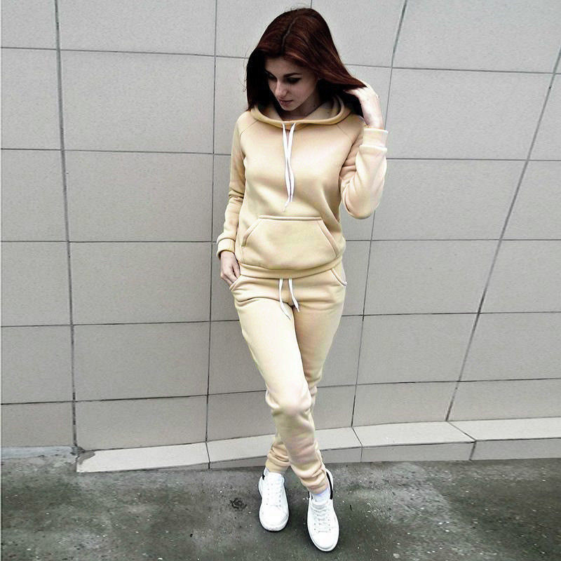 Sports Suit Women Autumn Winter Tracksuit Casual Solid Sportswear Running Jogging Suits Hoody Sweatpants 2pcs Sets Clothing: 2Pcs khaki / XL