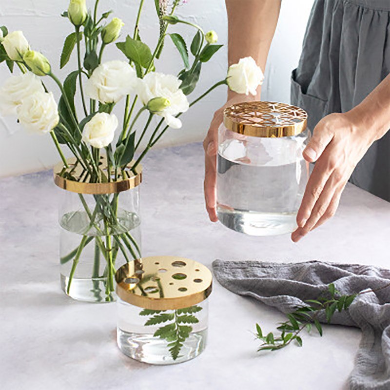 Nordic Transparent Glass Vase Golden Grid Cover Living Room Flower Arrangement Ikebana Decoration Desktop Hydroponic Plants Tool