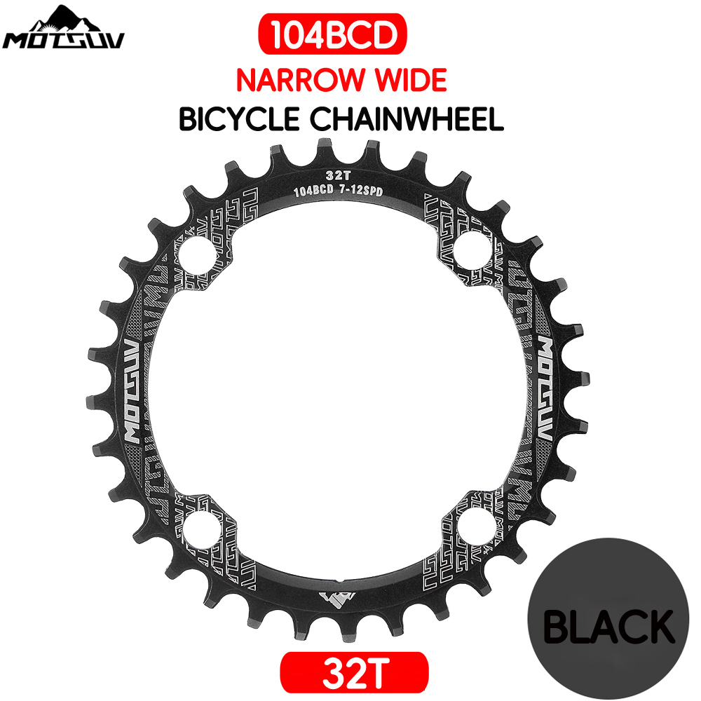 Manivela redonda para bicicleta, rueda de cadena angosta y ancha de placa única con forma redonda MTB 104BCD, 32T/34T/36T/38T: Black Round 32T